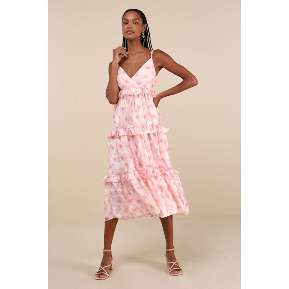 Lulus Radiantly Adorable Pink Floral Sleeveless Tiered Midi Dress - Size XL